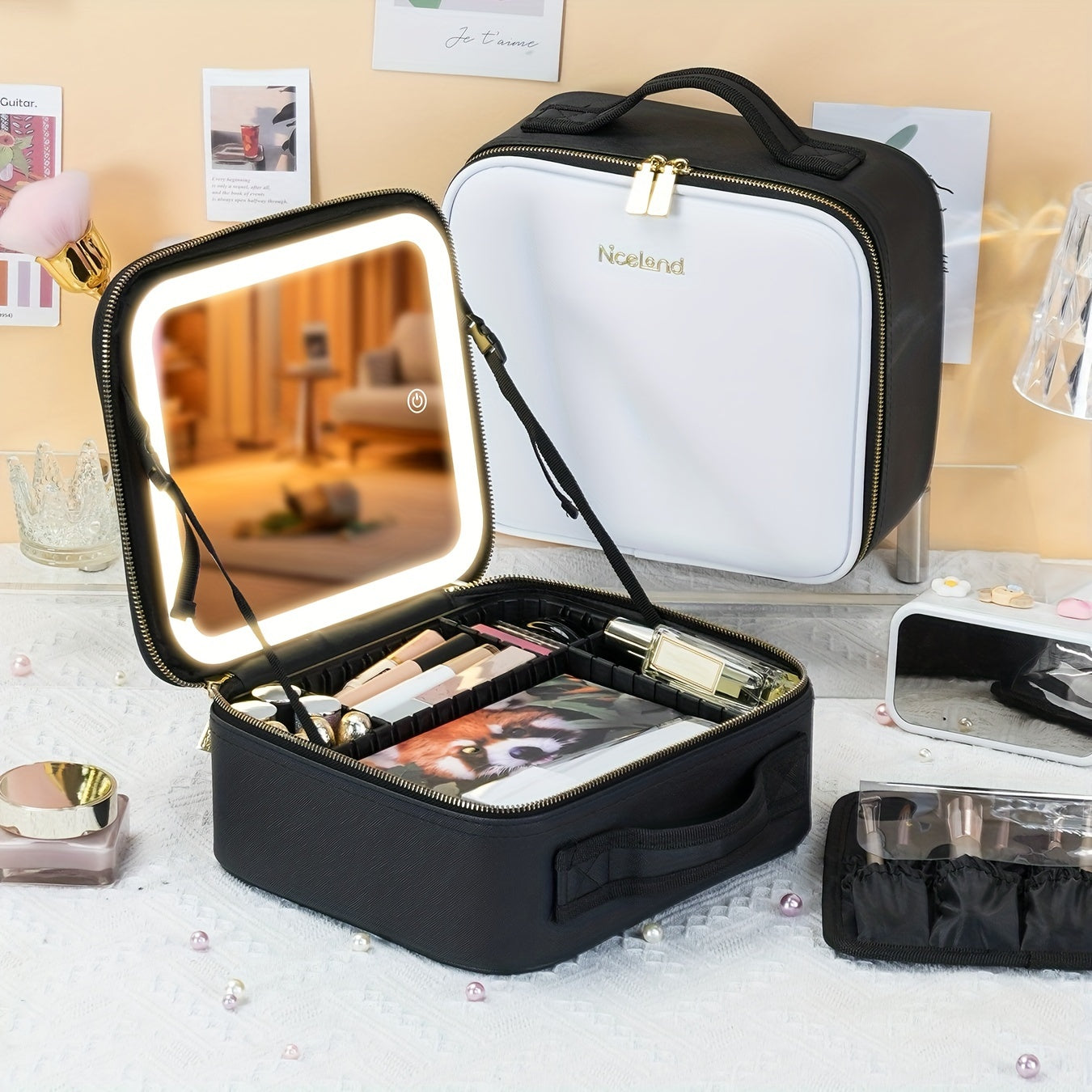 Trousse de maquillage de voyage portable avec miroir lumineux